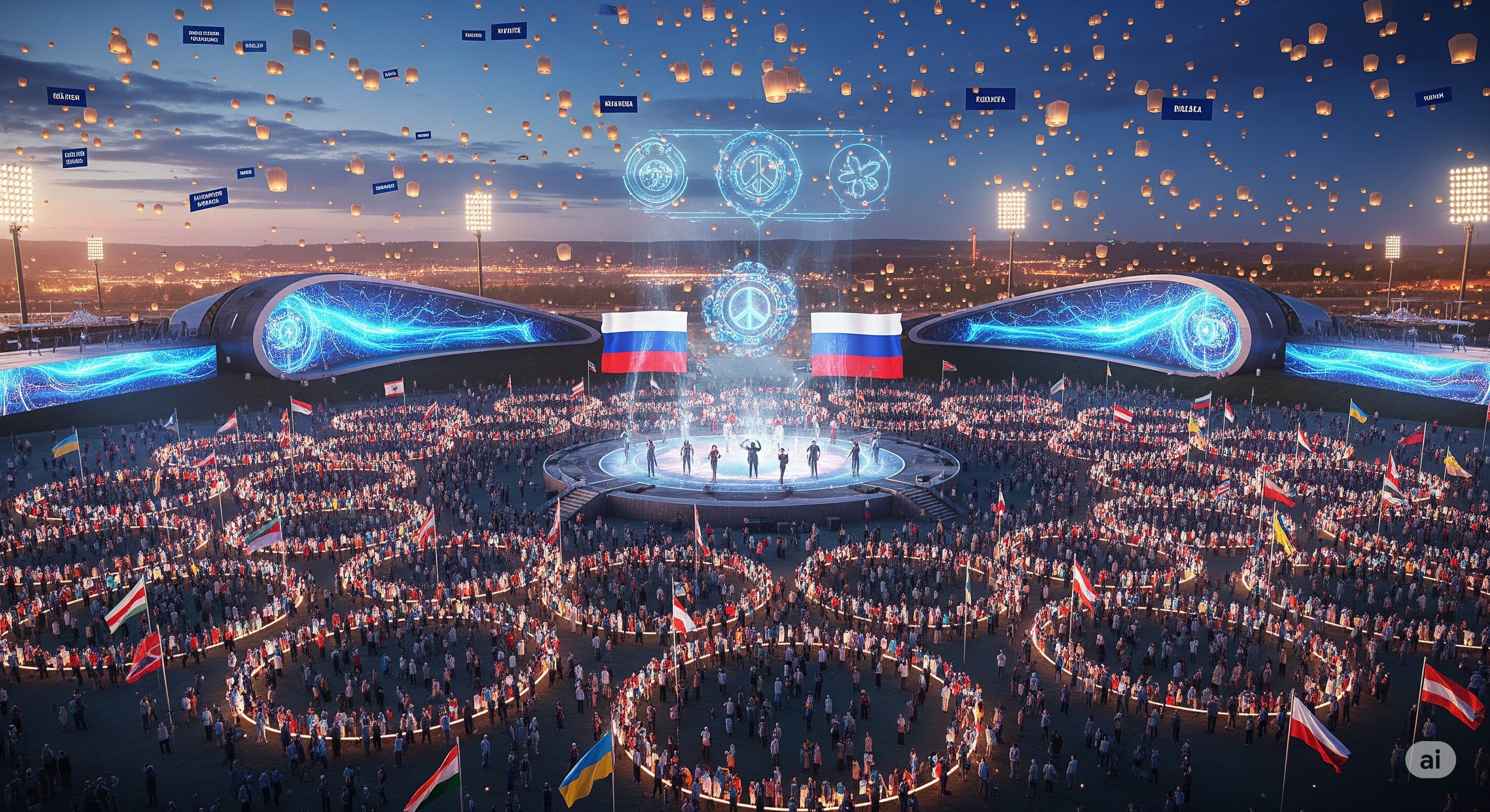 AI-generated vision for AGAUAI 2026: crowds, circular stages, floating lanterns